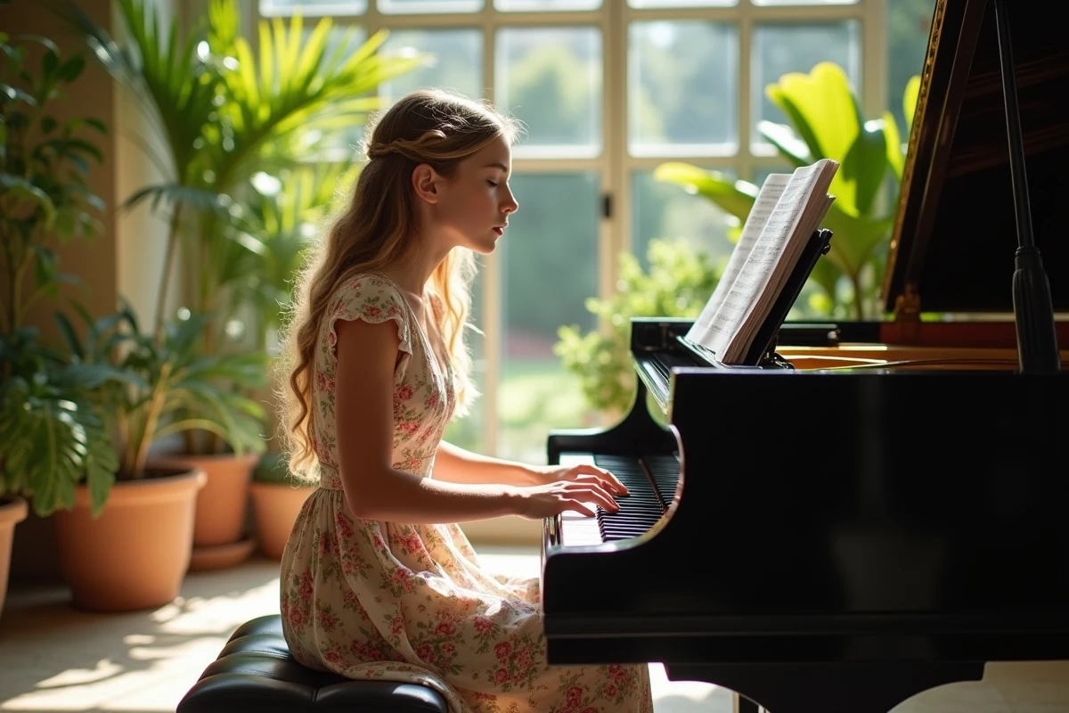 Jeune chanteuse en répétition dans un conservatoire lumineux