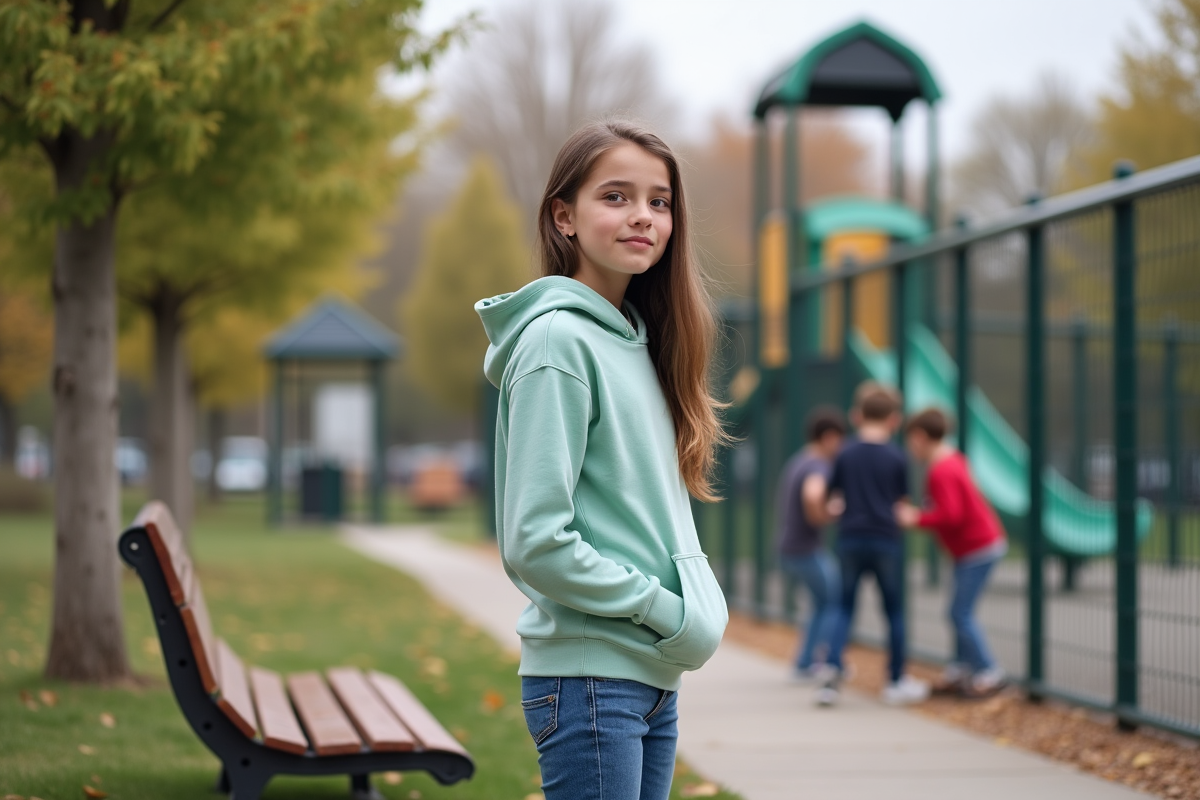 Adolescente regardant les enfants jouer dans un parc sécurisé