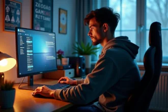 Jeune homme en hoodie jouant à un jeu vidéo à la maison