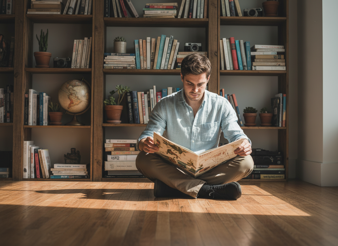 Jeune homme lisant un atlas dans un appartement lumineux