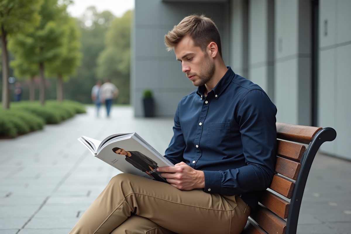 Jeune homme lisant un magazine mode en ville