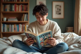 Jeune homme lisant manga yaoi dans sa chambre chaleureuse