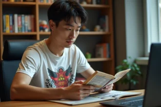 Jeune homme asiatique lisant un manga chez lui