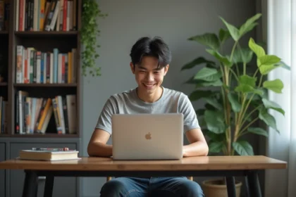 Jeune homme lisant manga sur ordinateur dans un bureau cosy