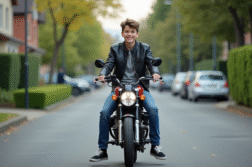 Jeune garçon en moto et jeans dans une rue urbaine