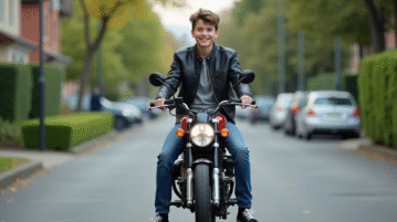 Jeune garçon en moto et jeans dans une rue urbaine