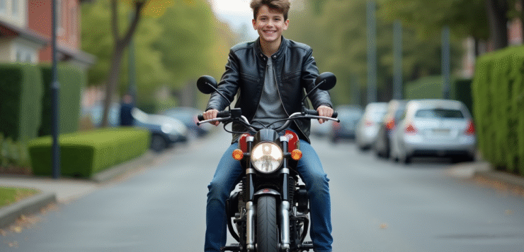 Jeune garçon en moto et jeans dans une rue urbaine
