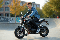 Jeune garçon en denim sur moto dans skate park urbain