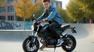 Jeune garçon en denim sur moto dans skate park urbain