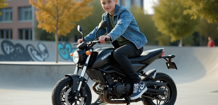 Jeune garçon en denim sur moto dans skate park urbain