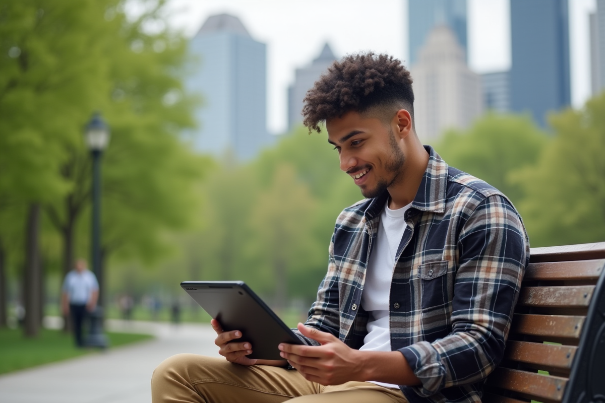 Jeune homme en plein air utilisant une tablette dans un parc urbain