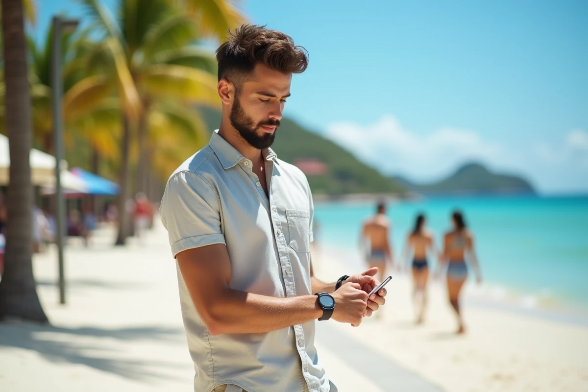 Jeune homme regardant sa montre sur la plage de Nouméa