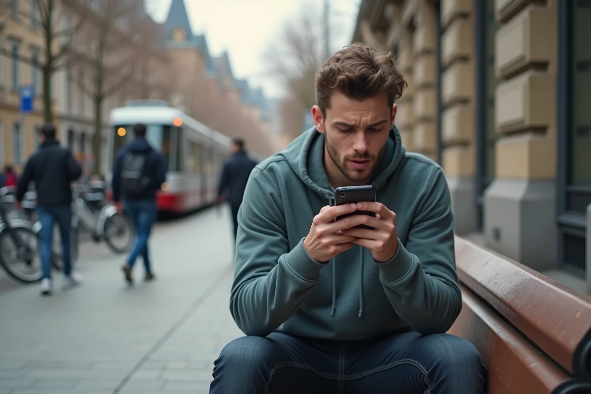 Jeune homme dans la rue écoutant ses voicemails anxieusement