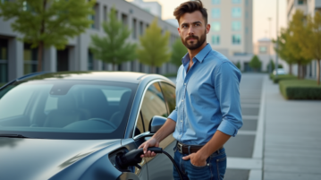 Jeune homme charge une voiture électrique dans un parking urbain