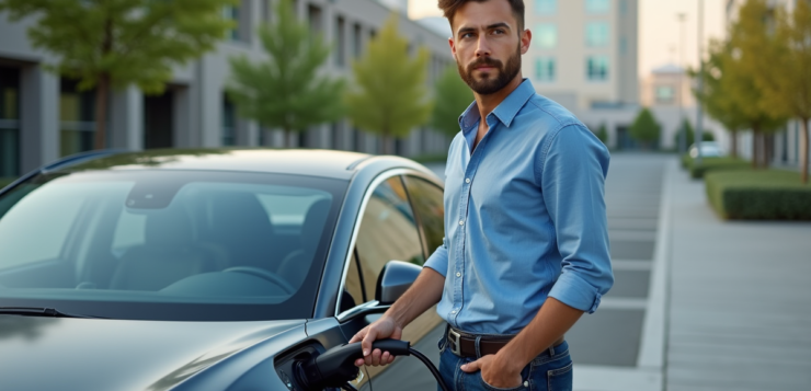 Jeune homme charge une voiture électrique dans un parking urbain