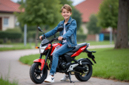 Jeune garçon souriant sur une moto 50cc dans un parc suburbain