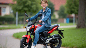 Jeune garçon souriant sur une moto 50cc dans un parc suburbain