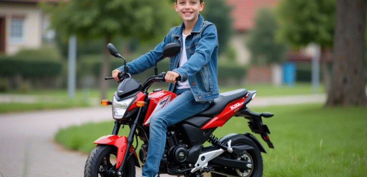 Jeune garçon souriant sur une moto 50cc dans un parc suburbain