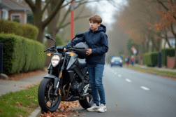 Jeune garçon ajustant son casque à côté d'une moto 50cc dans un quartier calme