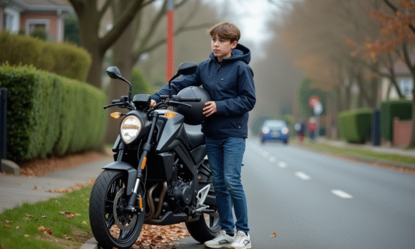 Jeune garçon ajustant son casque à côté d'une moto 50cc dans un quartier calme