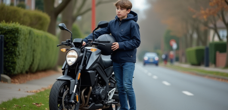 Jeune garçon ajustant son casque à côté d'une moto 50cc dans un quartier calme