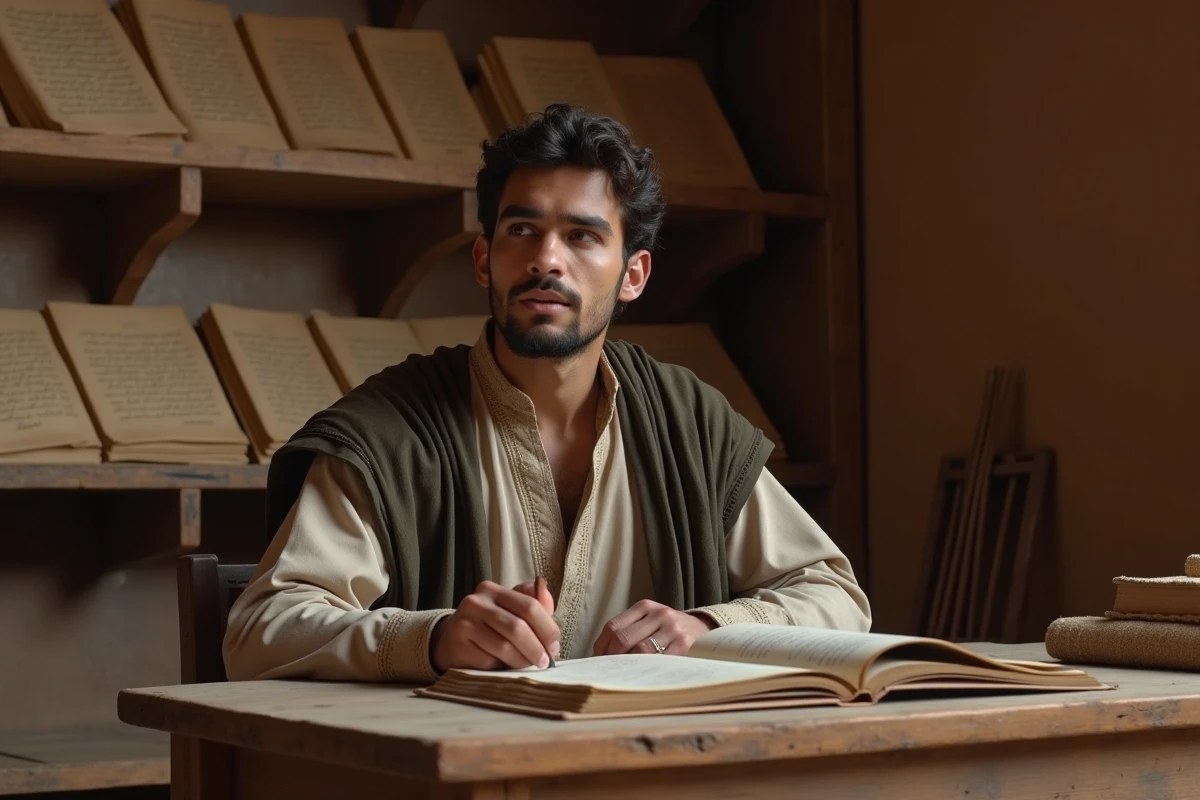 Jeune homme lisant un livre islamique ancien dans un décor traditionnel