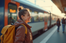Jeune voyageur avec sac à dos montant dans un TGV en France