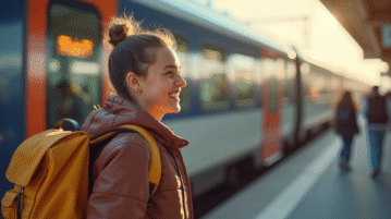 Jeune voyageur avec sac à dos montant dans un TGV en France