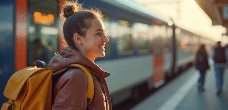 Jeune voyageur avec sac à dos montant dans un TGV en France