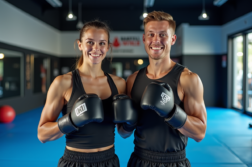 Deux jeunes adultes en kickboxing souriants dans un gymnase moderne