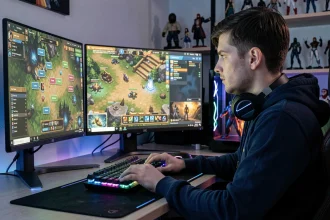 Joueur adulte concentré sur un MMORPG avec interface de progression de personnage mineur visible sur écran PC