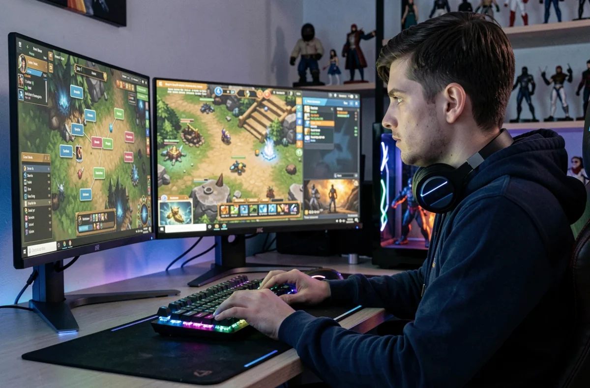 Joueur adulte concentré sur un MMORPG avec interface de progression de personnage mineur visible sur écran PC