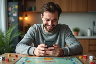 Homme souriant jouant à Monopoly avec son smartphone dans un appartement moderne