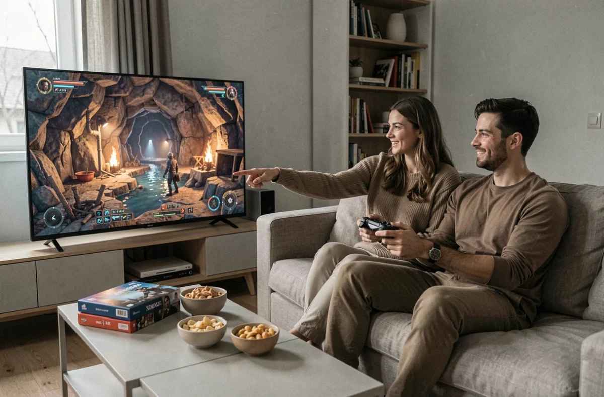 Deux joueurs adultes en salon regardant un jeu de rôle fantasy sur télévision avec interface de personnage mineur en progression