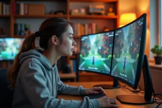 Joueuse concentrée devant un écran affichant un jeu coopératif en écran partagé, illustrant la durée et les chapitres de Split Fiction