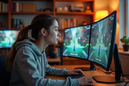 Joueuse concentrée devant un écran affichant un jeu coopératif en écran partagé, illustrant la durée et les chapitres de Split Fiction