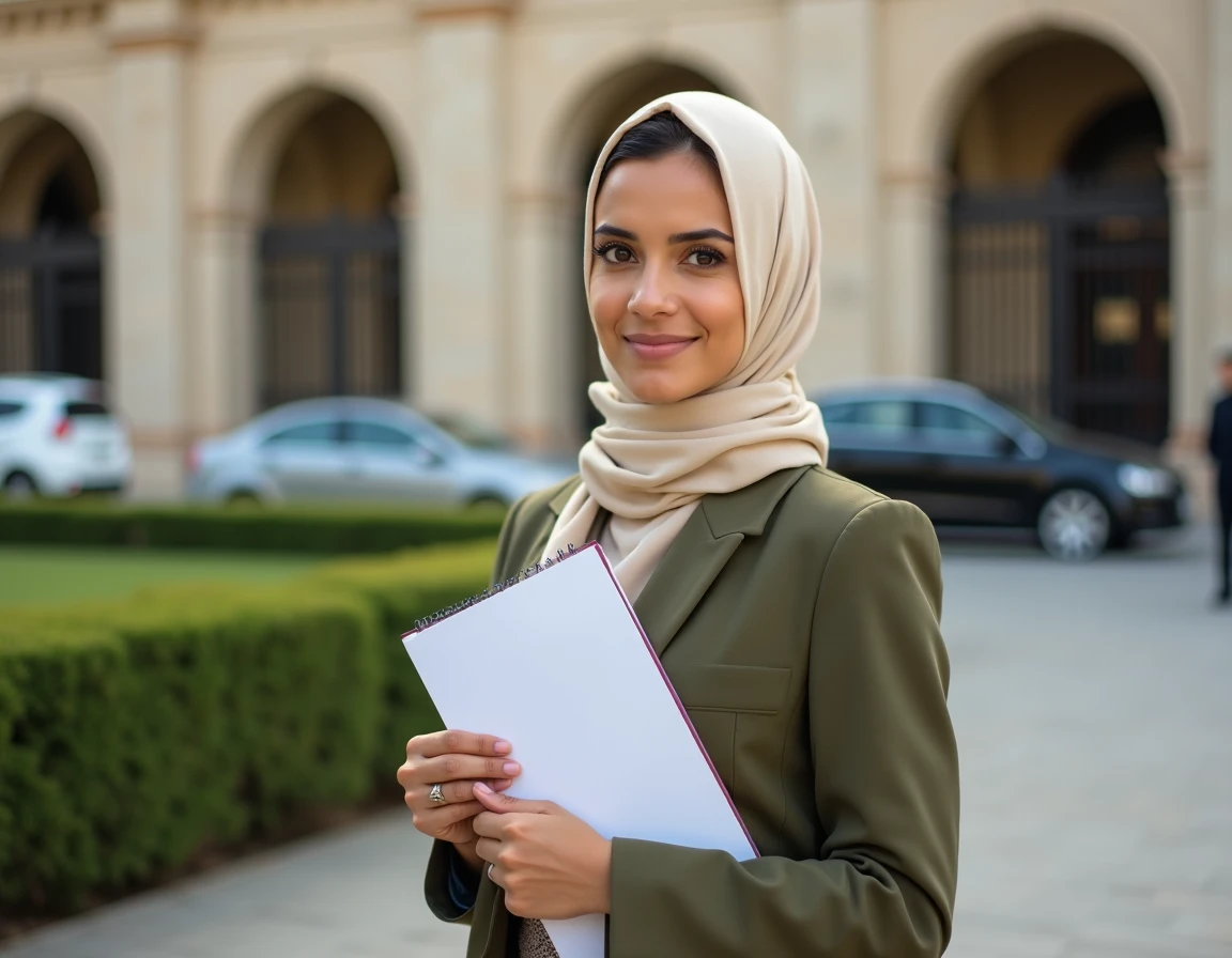 Journaliste algérienne devant un bâtiment administratif d'Alger prenant des notes
