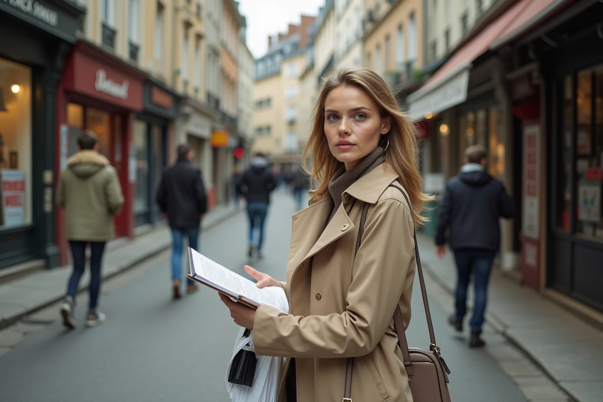 Journaliste enquêtant dans un quartier défavorisé français avec un article de presse en main