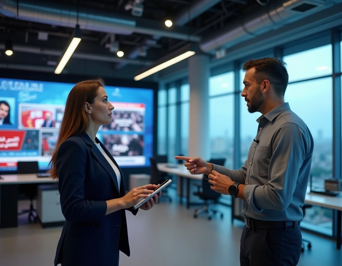Journalistes algériens discutant de l'actualité politique dans une salle de rédaction moderne