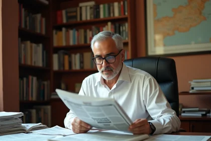 Homme algérien lisant des journaux politiques arabophones à son bureau à Alger