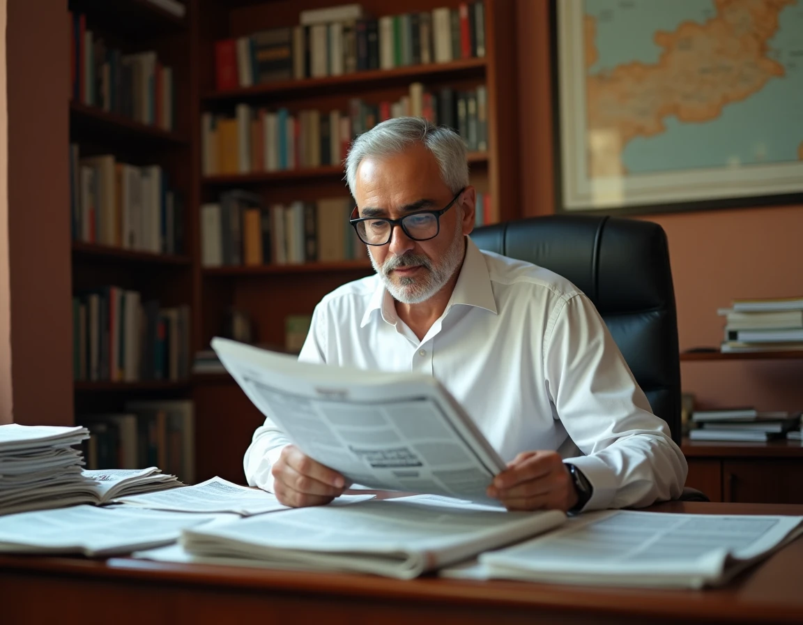 Homme algérien lisant des journaux politiques arabophones à son bureau à Alger