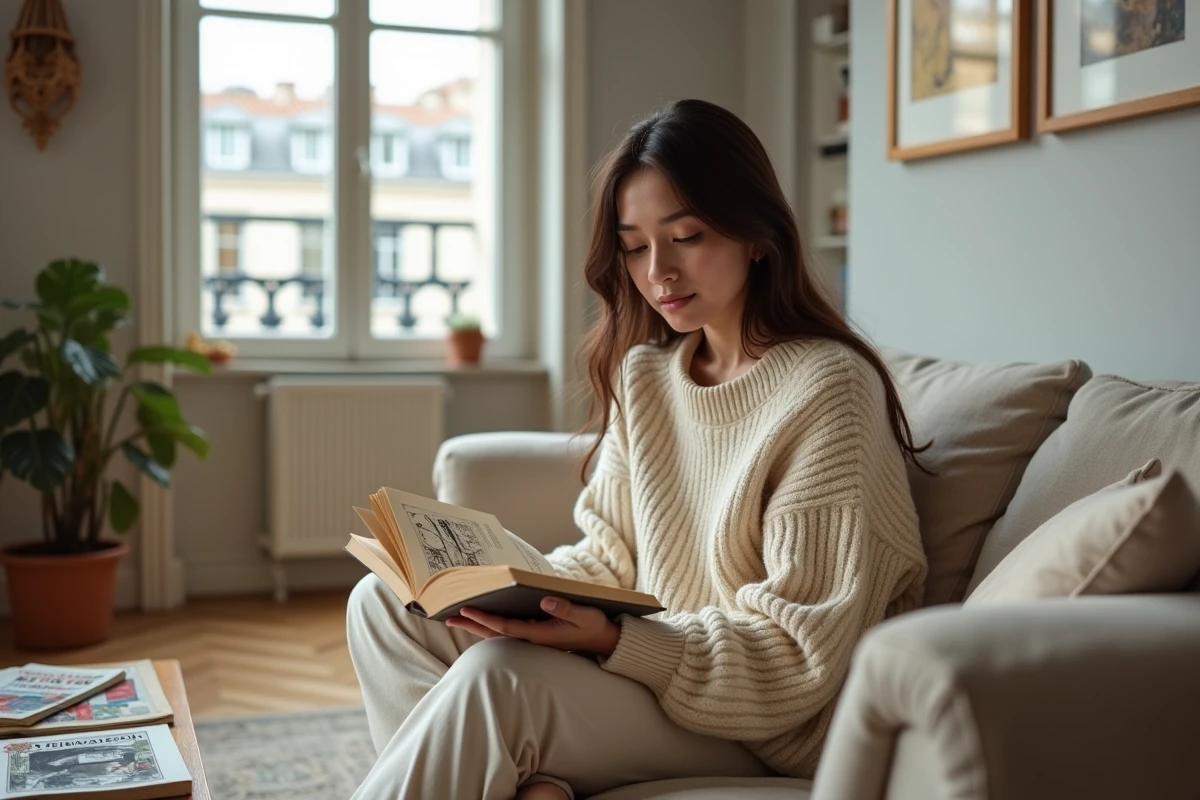 Jeune femme lisant One Piece en version française sur un canapé dans un appartement parisien moderne