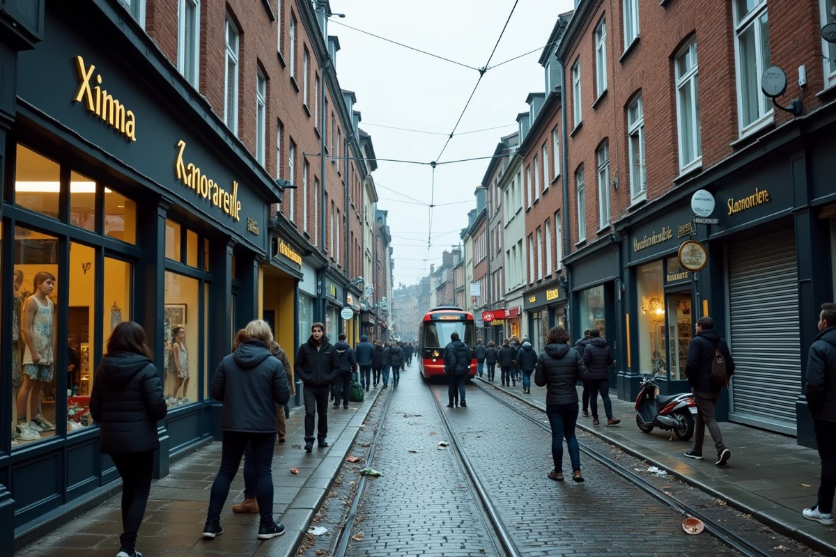 Rue commerçante de Lille avec façades flamandes en briques et groupe de jeunes, illustrant le classement de Lille parmi les métropoles les plus touchées par la délinquance