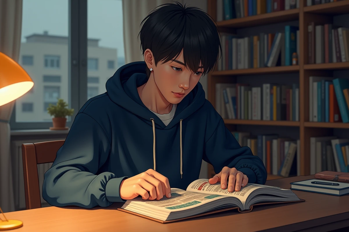 Jeune homme lisant un manga One Piece en version originale japonaise assis à son bureau entouré de volumes manga