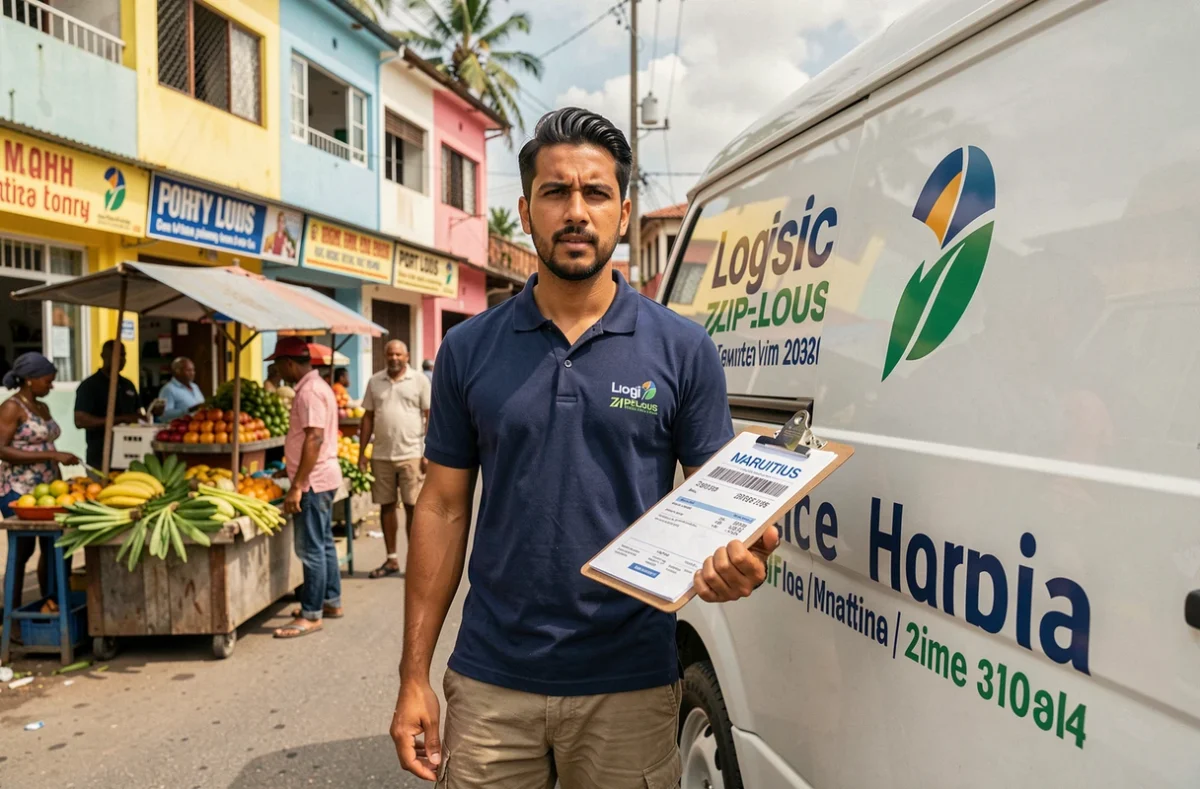 Livreur tenant une étiquette d'expédition avec code ZIP de Port Louis devant un camion de livraison dans une rue mauricienne