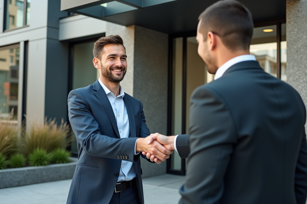 Jeune homme remettant les clés devant un immeuble moderne