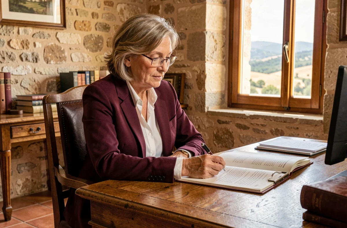 Maître Agnès Reveillon, avocate au barreau de Draguignan, dans son cabinet provençal avec vue sur la campagne du Var