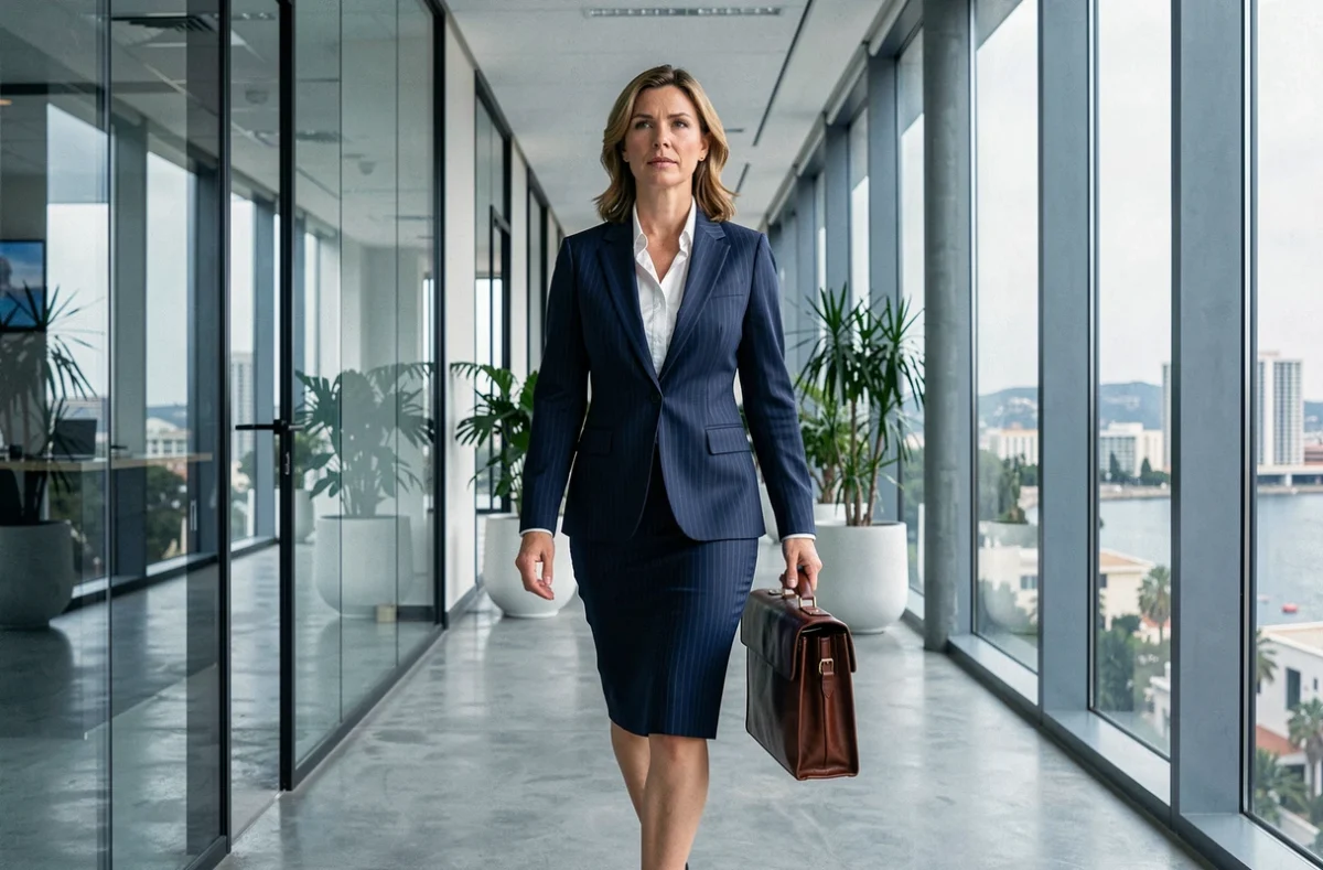 Maître Delphine Doussan, avocate au barreau de Nice, marchant dans le couloir moderne de son cabinet avec vue sur la ville