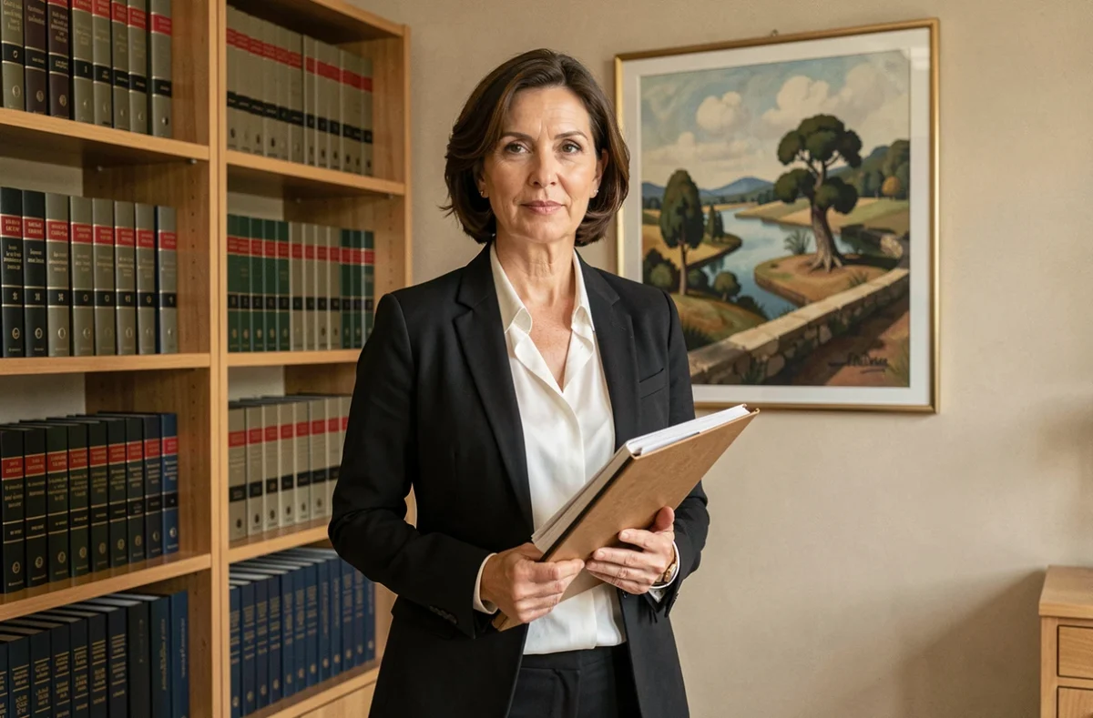 Maître Evelyne Marchi, avocate au barreau d'Aix-en-Provence, debout dans son cabinet avec des ouvrages juridiques