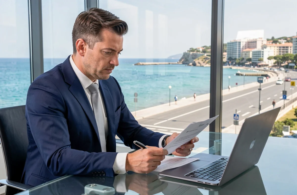 Maître Gregory Damy, avocat en droit des affaires à Nice, au bureau avec vue sur la Promenade des Anglais
